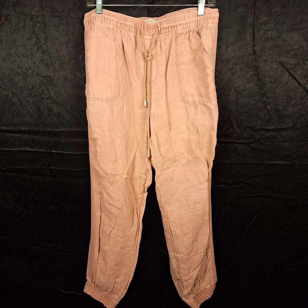 L Rachael Zoe Linen Joggers Dusty Pink Elastic Waist Ankle Leisure Silver Aglet